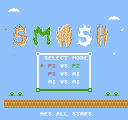 Smash title screen showing a mode-selection box over a blue sky, with P1 VS P2 selected.