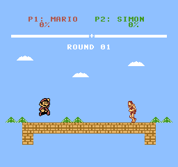 Mario leaves the ground after the first Up press. Simon remains on the platform.