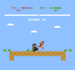 Mario’s kick connects with Simon. A spark appears at contact, Simon rises in a hurt pose, and his damage reads 6%.